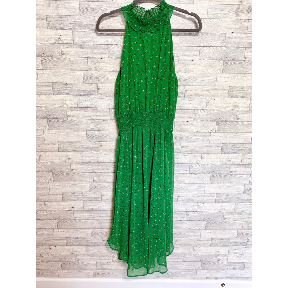 West Kei Vibrant Green Floral Halter High-Low Smocked Waist Lined Dress Sz-Small - Picture 4 of 10